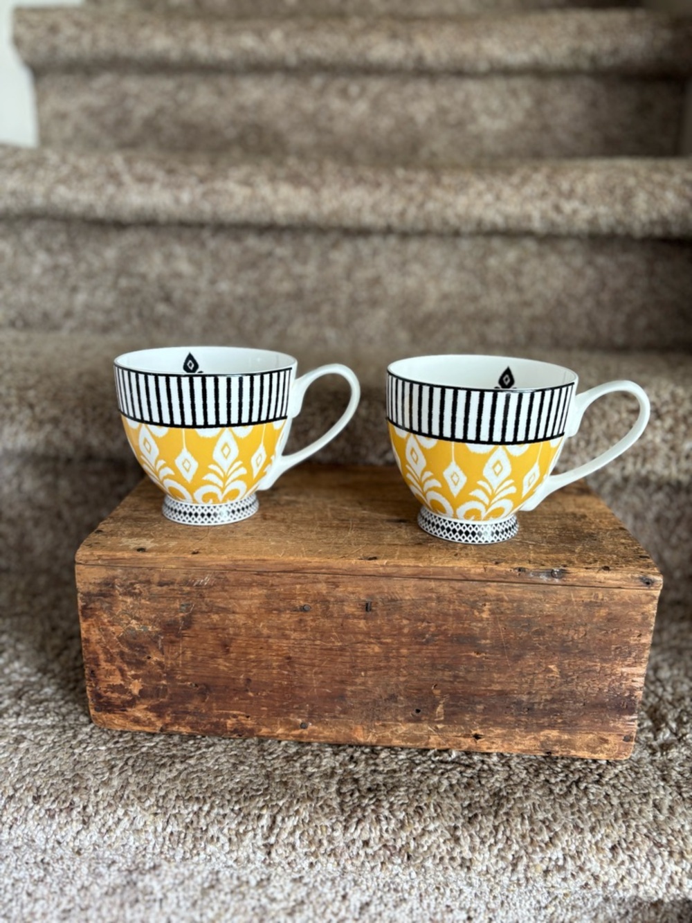 Yellow and Black Patterned Ceramic Teacup - Set of 2